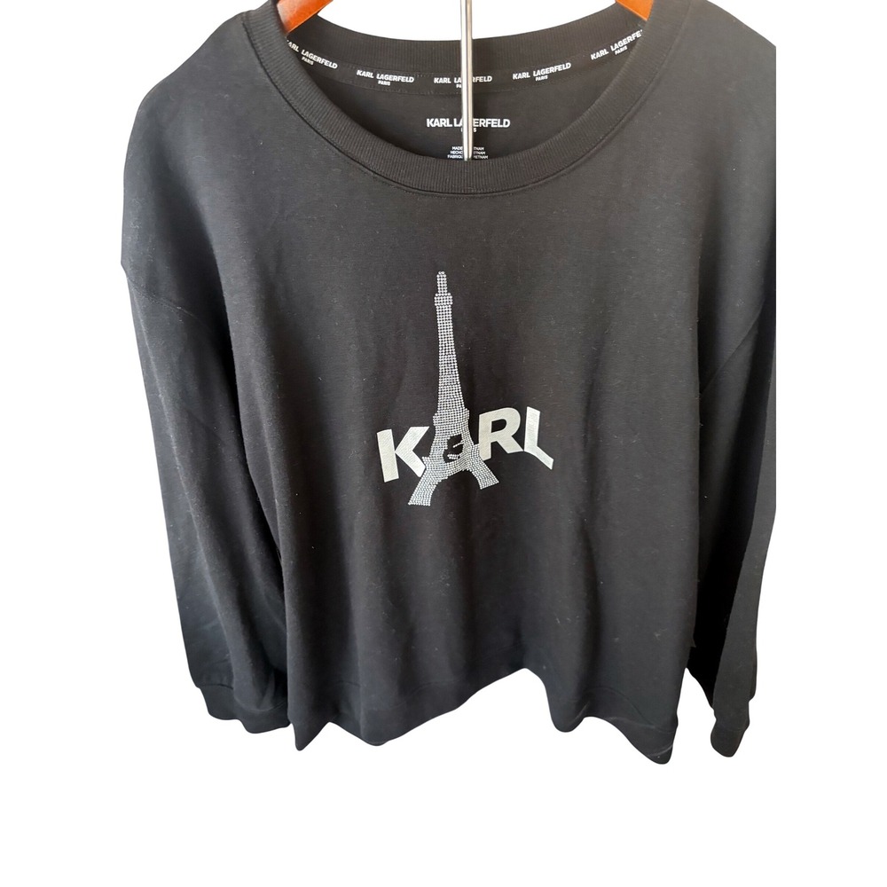 KARL LAGERFELD PARIS Black Rhinestone Eiffel Tower Sweatshirt Top 2X